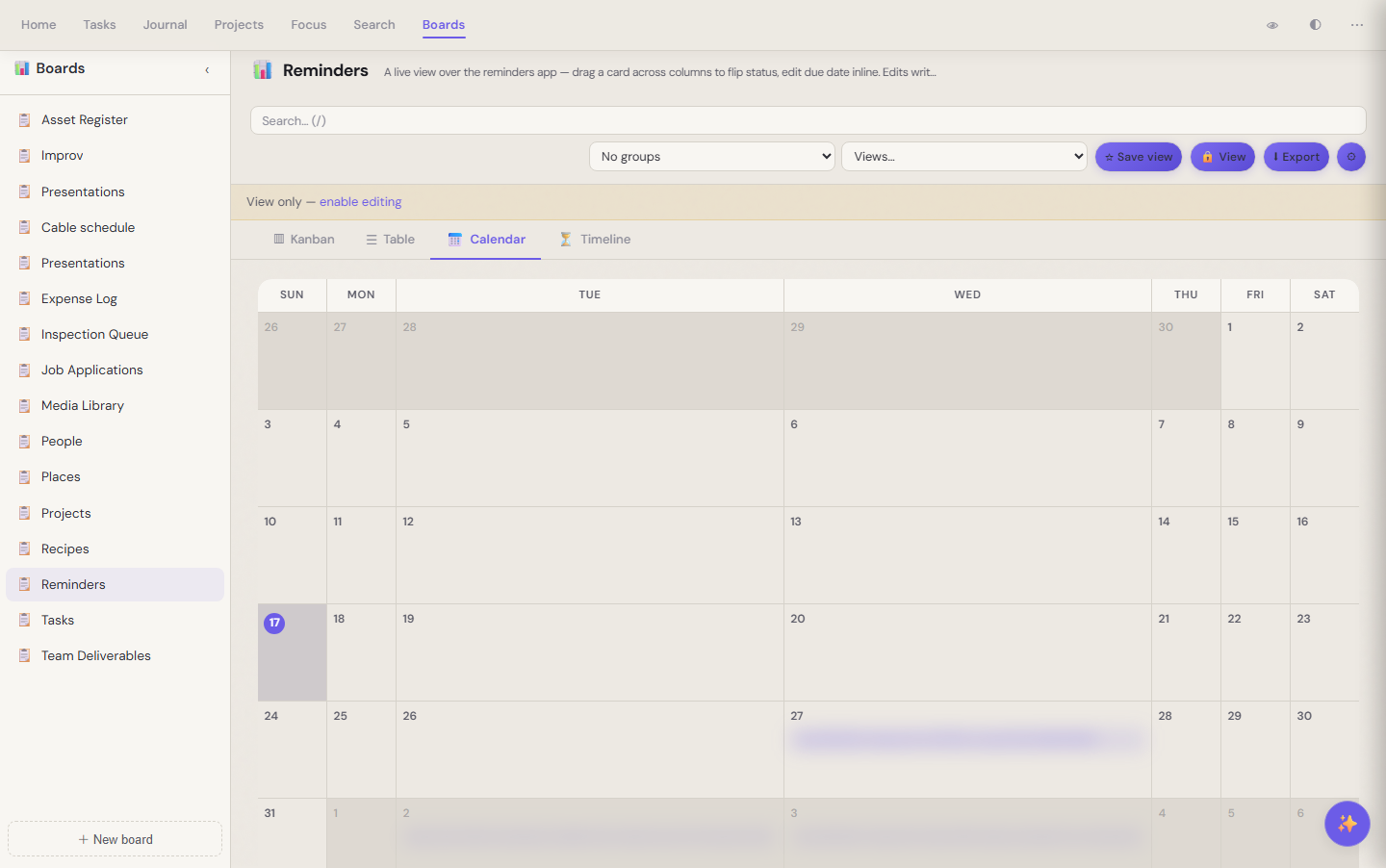 Reminders board in calendar view — the same notes that appeared as kanban columns now plot on a monthly grid by due date; click any event to open the source note