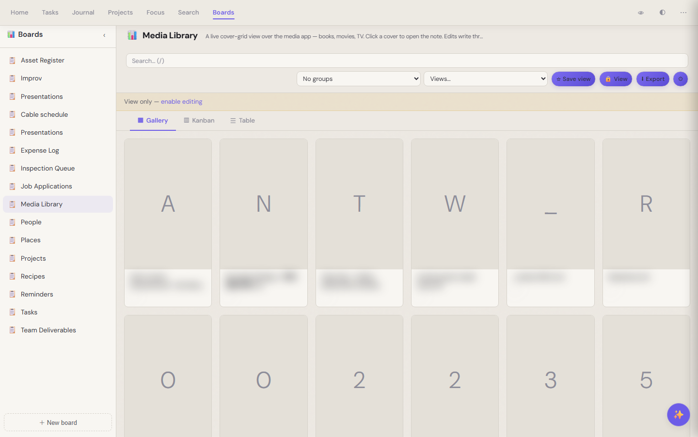 Media Library board in gallery view — the same notes that appear as kanban cards laid out as a cover grid. Card text blurred for privacy; the grid structure is what the view layer demonstrates