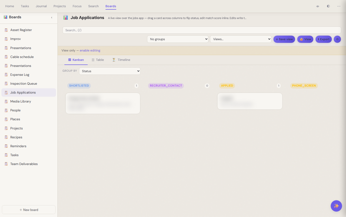 Job Applications board in kanban view — application notes grouped by status column. Card text blurred for privacy; the status structure (Applied / Screening / Offer / Background Check) is what the view layer demonstrates