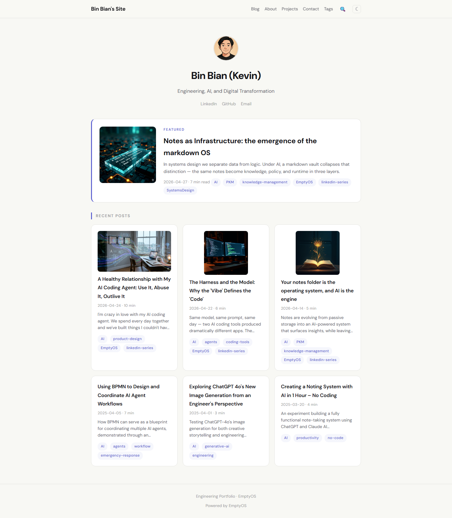 binbian.net — a live public site generated from a markdown vault by EmptyOS's publish app